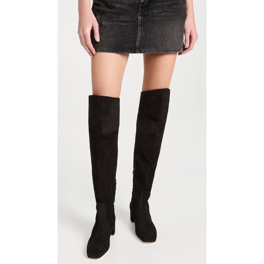 AEYDE Letizia Over the Knee‎ Boots Black Suede Square Toe Block Heel EU 37